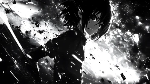 Monochrome anime figure amid dynamic abstract fragments.