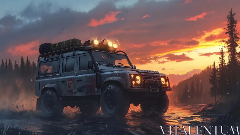 Off-road SUV crossing muddy river at vivid sunset.