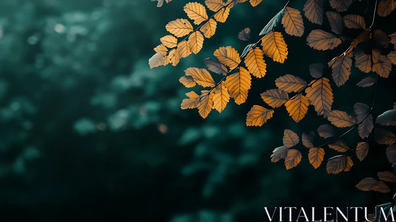 Amber leaves drift over teal forest hush at dusk.