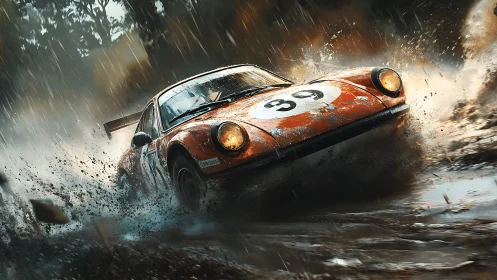 Rally car powerslides through rain-soaked mud in dynamic motion