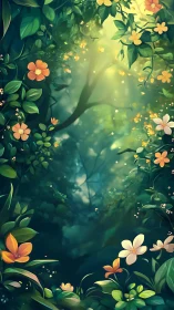 Floral garden with golden light rays and ethereal glow effect