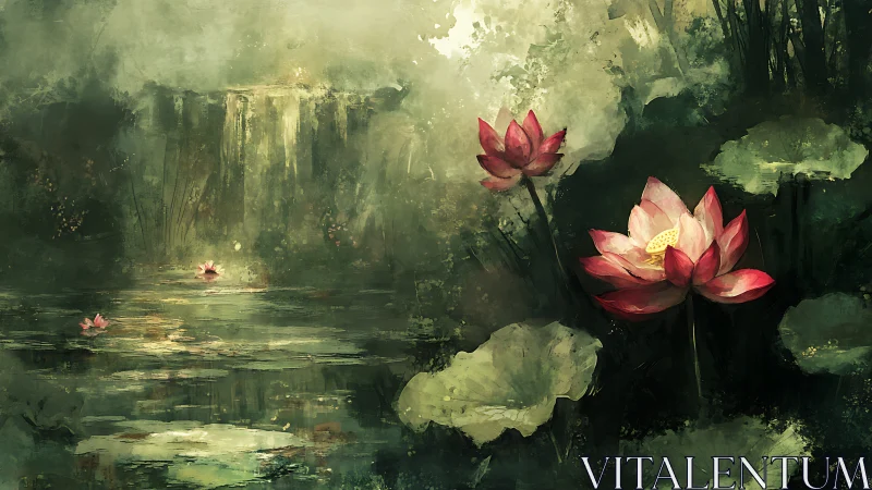 Lotus blooms resting quietly beside a misty waterfall.