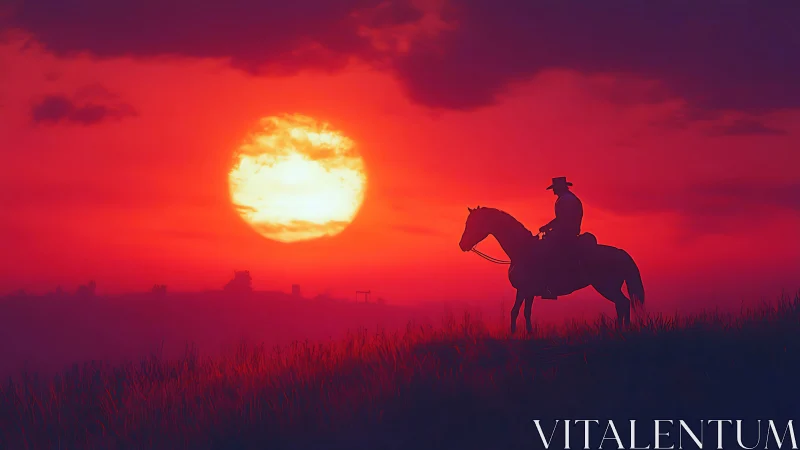Cowboy silhouette rides into a wildfire crimson sunset sky.