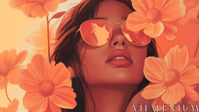 Sunlit daydream girl surrounded by bold orange blossoms.