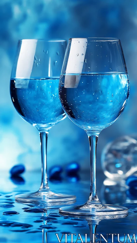 Crystal duet of water goblets in electric blue reflections.