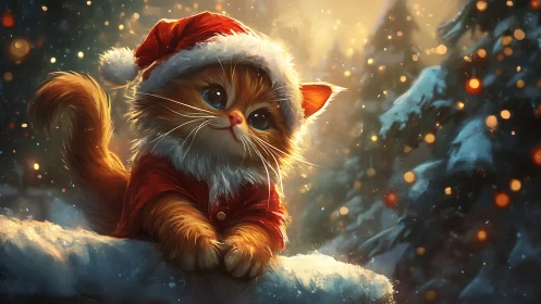 Whiskered holiday kitten in glowing snowy forest scene.