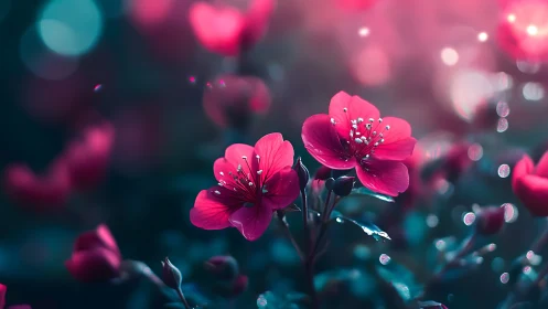 Vibrant Pink Flowers Blooming in Dreamy Bokeh Garden Light