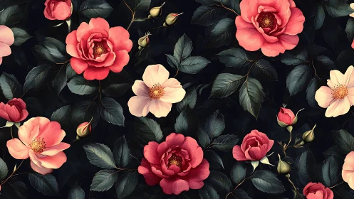 Botanical Floral Composition: Roses and Blossoms Against Dark Background.