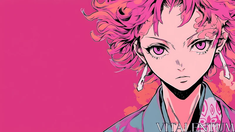 Pink haired anime warrior stares ahead in bold profile.