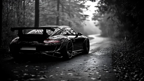 Sleek sports car waits on misty forest backroad at dusk.