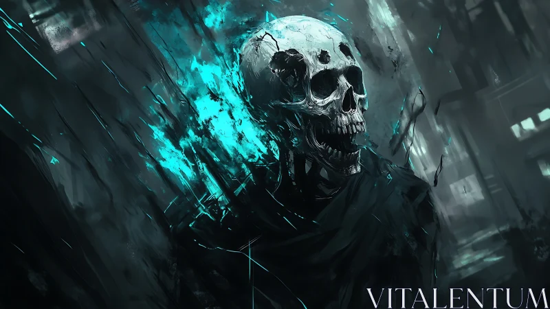 Glowing skull spirit strides through shadowy teal storm
