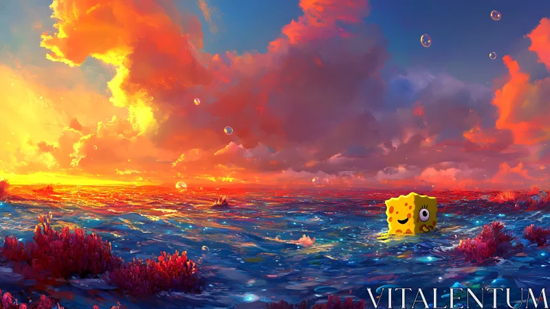 Digital painting seascape with stylized sponge under sunset sky.