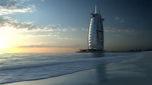 Sail-shaped offshore hotel tower at dusk with reflective facade.