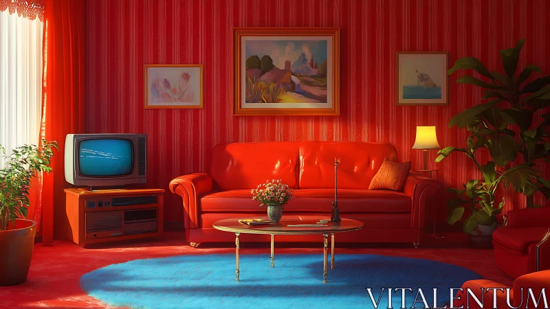 Retro red living room with blue rug and vintage TV set.