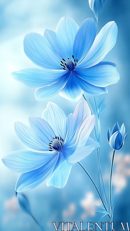 Blue cosmos flowers with delicate petals against sky background.