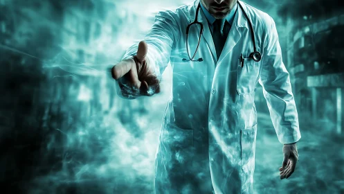 Medical professional in mist-filled urban environment.