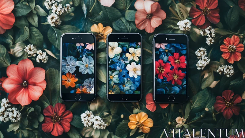Three iPhones displaying floral wallpapers on botanical backdrop