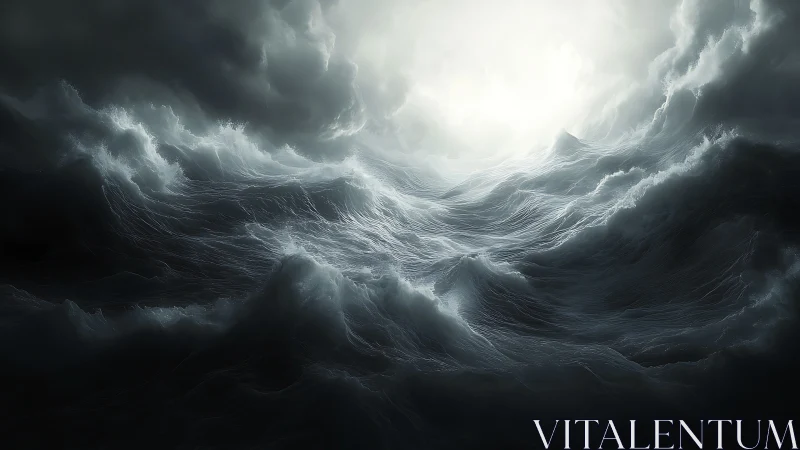 Storm-tossed ocean surges beneath glowing break in clouds