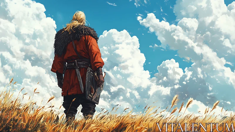 Figure in red coat observes cumulus sky over wheat field