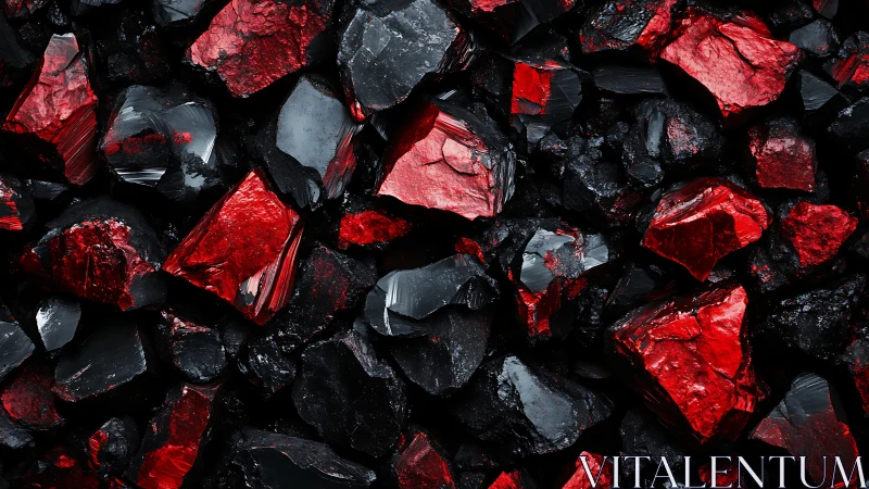 Photorealistic red and black mineral shards surface composition.
