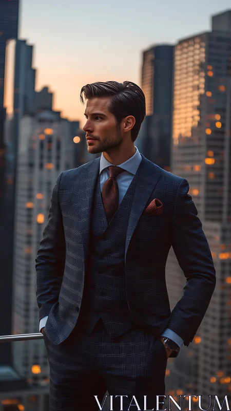 Sunset skyline portrait with tailored suit and bokeh lighting.