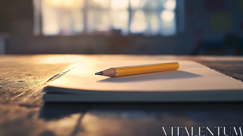 Yellow pencil on notebook in soft indoor backlit environment.
