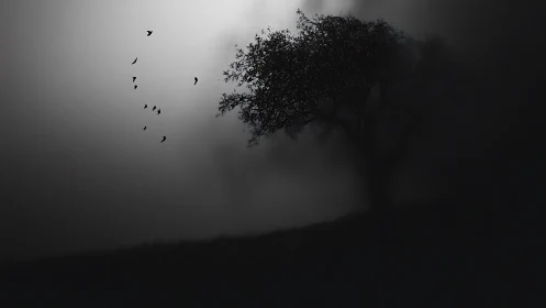 Lonely tree silhouette on misty hillside with birds at dusk.