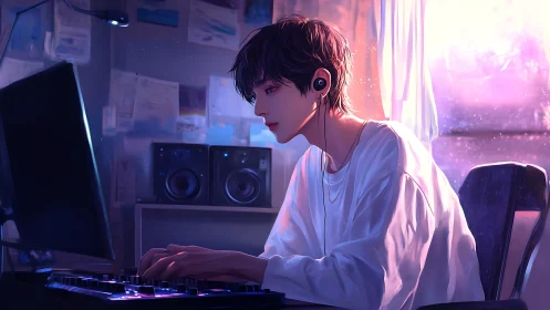 Person works at computer in dim room with mixed lighting