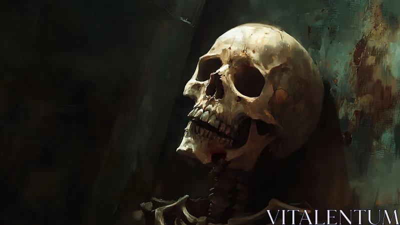 Weathered human skull against dark textured background.