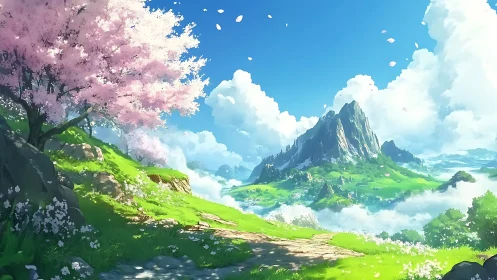 Blossoming hillside path toward luminous green mountainscape.