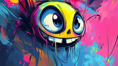 Bold neon skull face with wide eyes in graffiti chaos.