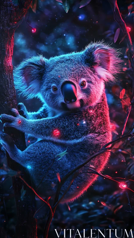 Koala in neon starlight cuddling a midnight forest dream.