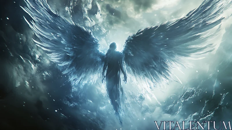 Backlit ethereal angelic figure with expansive icy wings