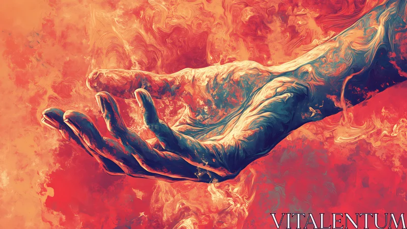 Outstretched human hand in swirling orange abstract space.