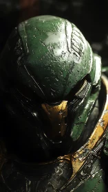 Close view of worn green sci fi combat helmet in darkness.