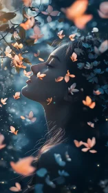 Woman in profile among softly glowing butterflies at dusk.