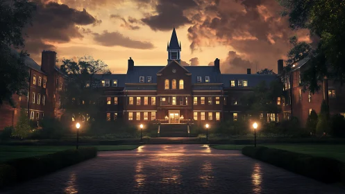 Symmetrical brick campus hall glows under stormy dusk sky