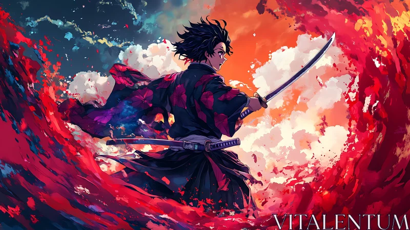 Samurai swordsman cuts through chromatic storm in profile