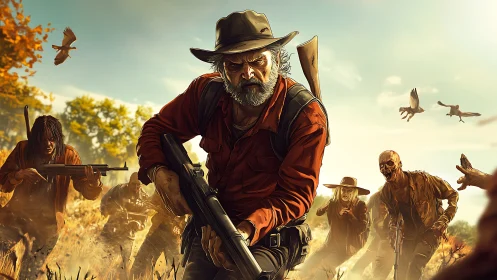 Aged gunslinger advances through backlit zombie onslaught