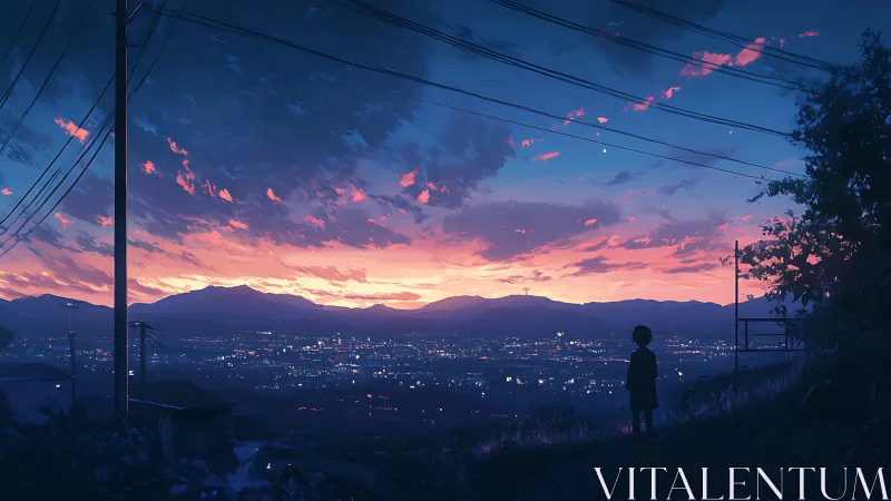 Child observes illuminated cityscape beneath evening sky