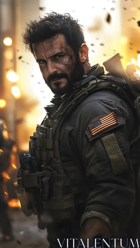 Battle-hardened hero pausing in the glow of chaos and grit.