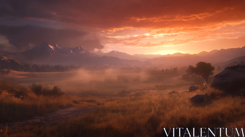 Golden dusk settles softly over a peaceful misty valley