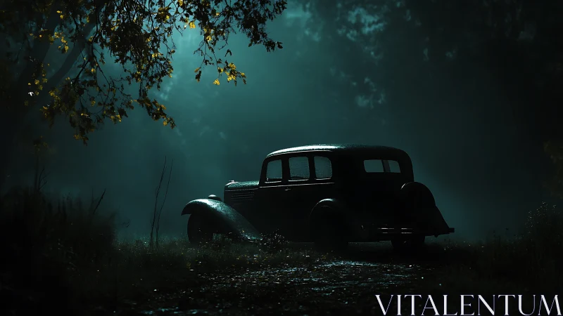 Misty forest lane welcomes a vintage car in soft moonlight