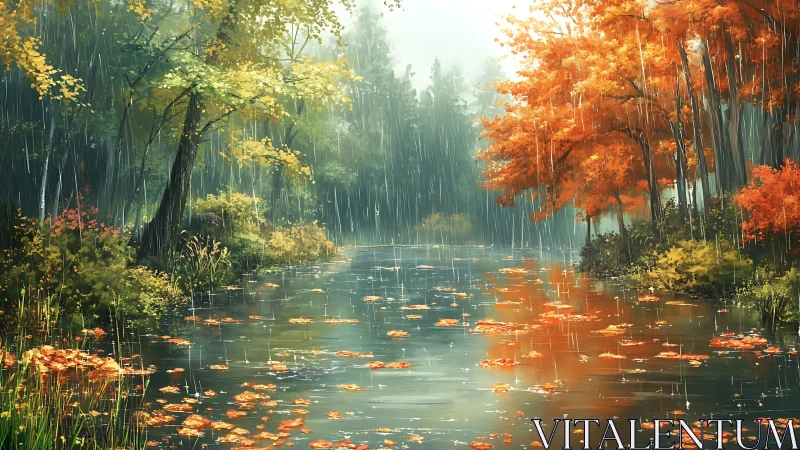 Autumn Forest Rainfall Over Serene Waterway Landscape