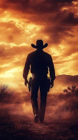 Lone cowboy silhouette under blazing cinematic sunset sky.