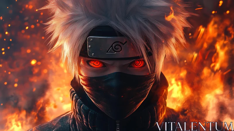High-detail ninja portrait with glowing eyes in dynamic fire field
