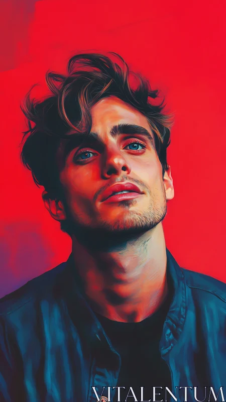 Intense digital portrait of young man on vivid red background.