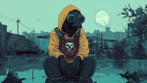 Moonlit plague wanderer broods in flooded urban ruins.