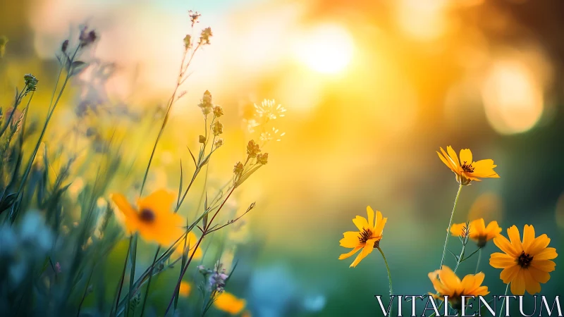 Golden Meadow Wildflowers Bathed in Warm Sunlight.