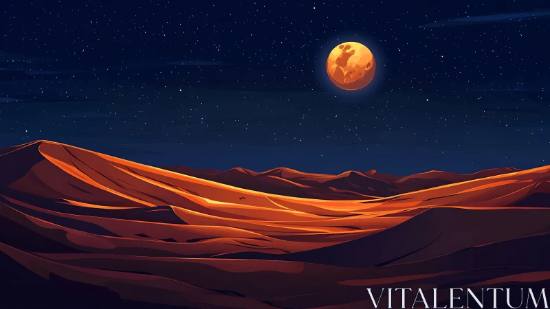 Desert dunes under orange moonlit night sky panorama.